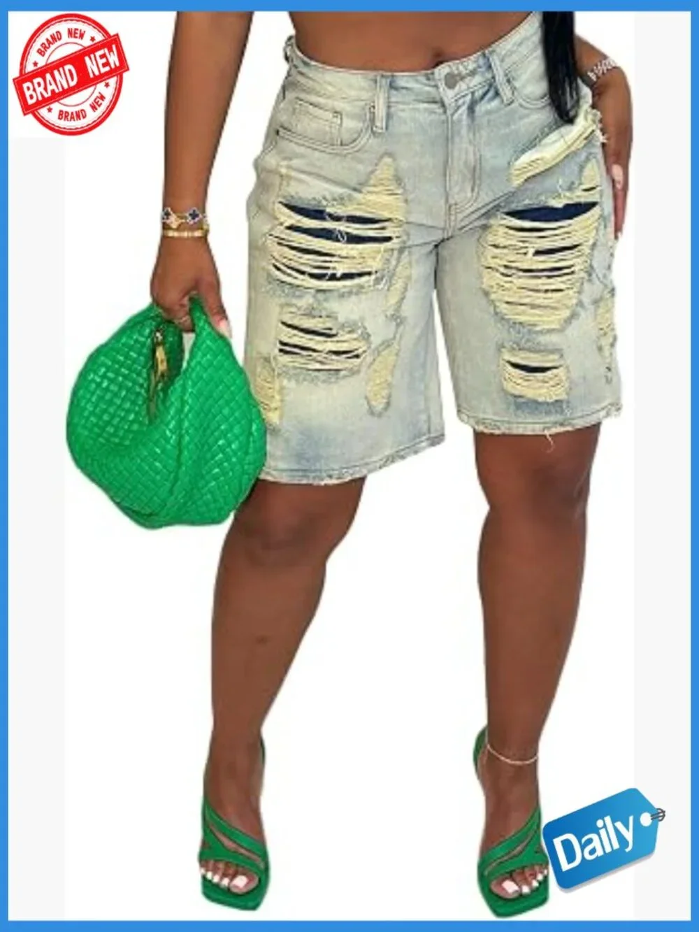 High Rise Baggy Ripped Denim Shorts Straight Wide Leg Y2K Casual Bermuda Cargo